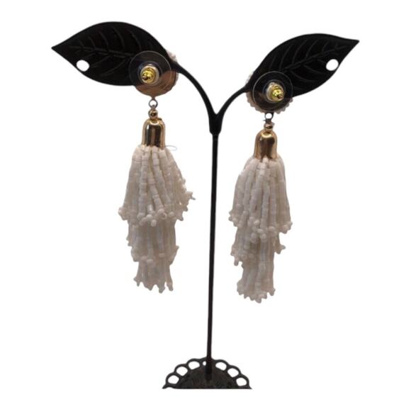 Panacea NIP White Iridescent Glass Beads And Silk Threads Tassel Earrings - Picture 10 of 12